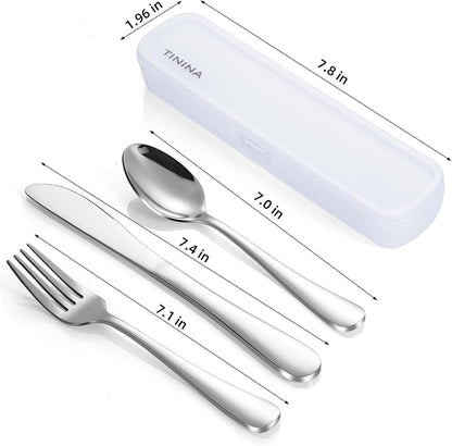 Travel Utensils with Case, 4-Piece Stainless Steel Portable Cutlery Set, Reinforced Case with Buckle Design, Lunch Box for Camping Work School, Include Fork Spoon Knife, Dishwasher Safe, Silver