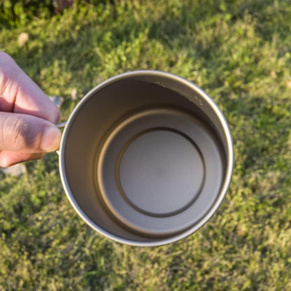 Titanium Camping Pot Mug 15oz (420ml) with Lid and Foldable Handle – Ultralight Camping Cup for Hiking, Backpacking, Outdoor Cooking, Silver