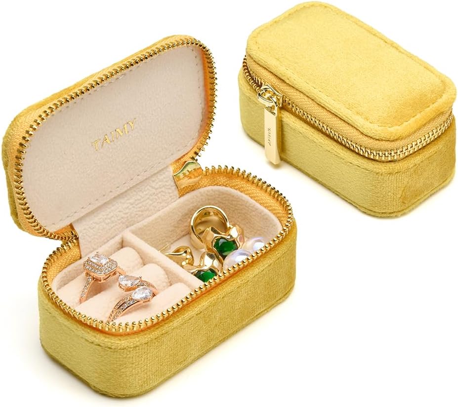 Small Travel Jewelry Case, Mini Tiny Plush Velvet Jewelry Box for Women and Girls, Pocket Size Jewelry holder organizer for Rings Earrings and Small Items(Yellow)