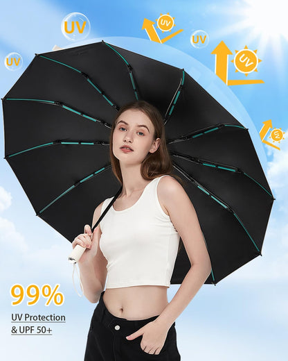Large Double-Ribs Umbrella Automatic Folding Umbrella for Women Men, Travel, UPF 50+ UV Protection