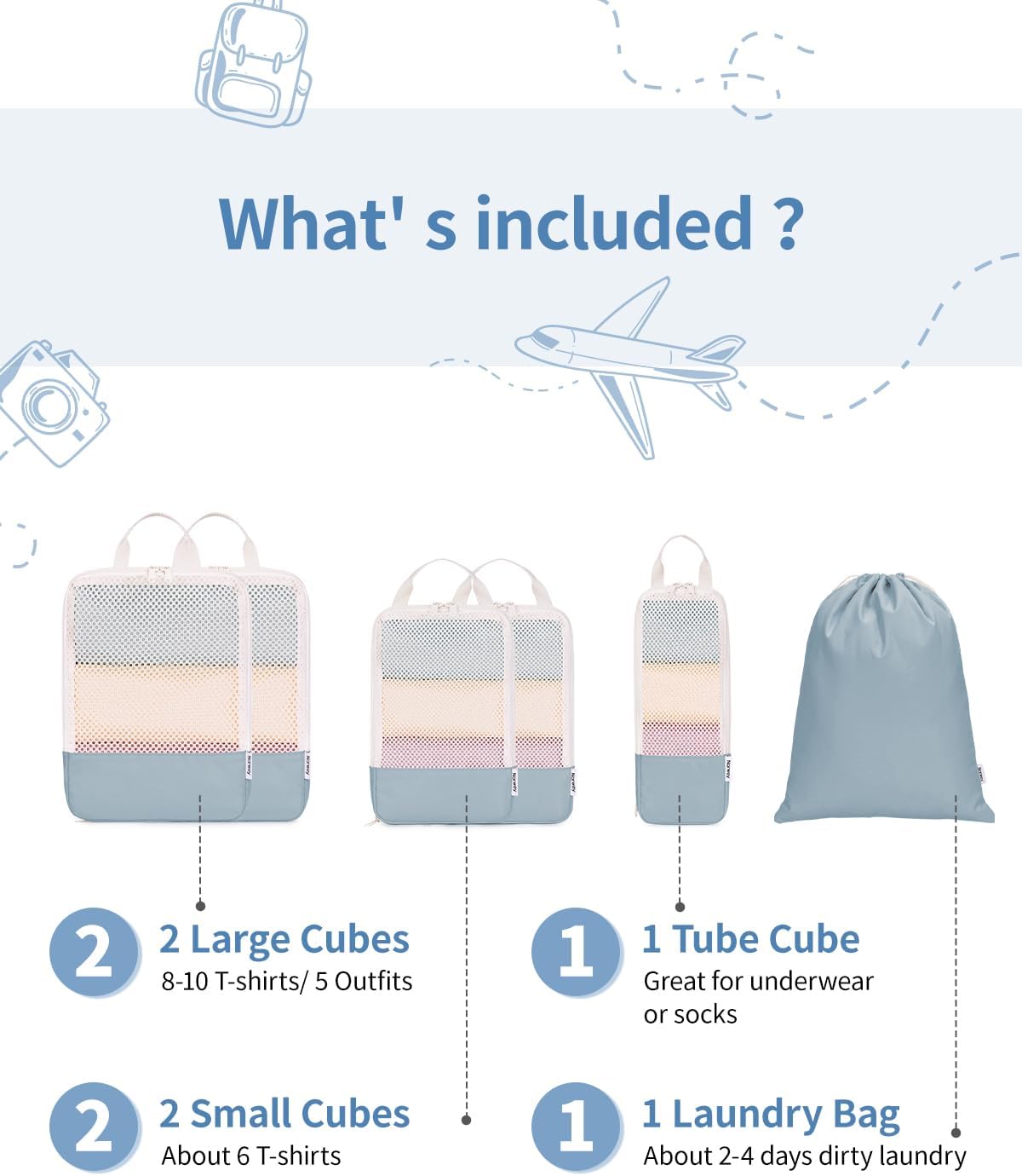 Narwey 6 Set Compression Packing Cubes for Travel Kids Women Carry on, Packing Organizers Bag for Backpack Luggage Suitcase Duffle Bags