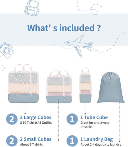 Narwey 6 Set Compression Packing Cubes for Travel Kids Women Carry on, Packing Organizers Bag for Backpack Luggage Suitcase Duffle Bags