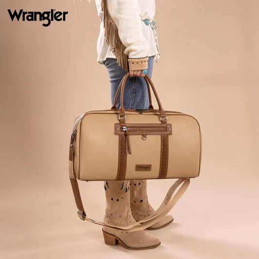 Wrangler Travel Duffel Bag Large Weekender Bag for Women Designer Carry on Overnight Bag for Trips Leather Luggage Bag Tan