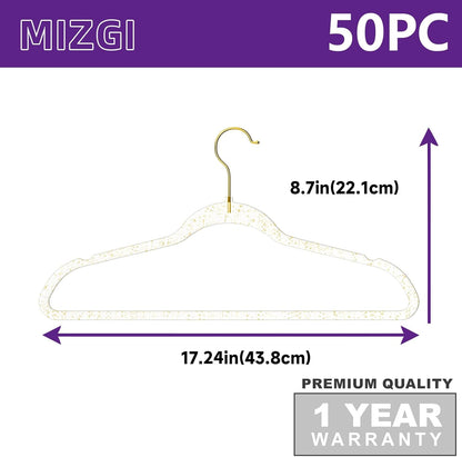 Premium Clear Invisible Acrylic Hangers,Crystal Plastic Hangers with Bling Gold Glitter 50 Pack Ultra Slim & Space Saving Suit Hangers for Coats, Pants & Dress Clothes