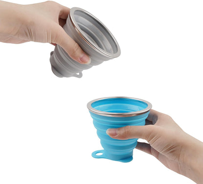 2 Pack Silicone Collapsible Travel Cup with Lids, Portable Folding Camping Cup Sets for Camping Hiking Outdoors Travel, Grey & Blue