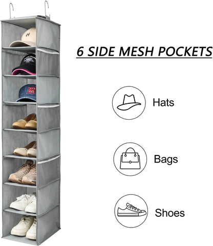 Hanging Shoe Organizer for Closet with Side Mesh Pockets，Hat Racks for Baseball Caps，Shoe and Hat Holder & Storage，8-Shelf，Gray，2 Pack
