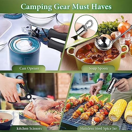 Camping Cooking Utensils Set, Stainless Steel Grill Tools, Camping BBQ Cookware Gear and Equipment for Travel Tenting RV Van Picnic Portable Kitchen Essentials Accessories