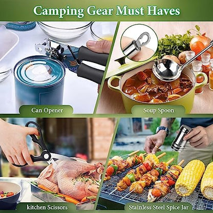 Camping Cooking Utensils Set, Stainless Steel Grill Tools, Camping BBQ Cookware Gear and Equipment for Travel Tenting RV Van Picnic Portable Kitchen Essentials Accessories