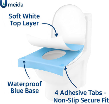50 Count Disposable Toilet Seat Covers with Secure Adhesive Tabs for a Non-Slip Fit - XL Extra Large, Waterproof, Individually Wrapped for Travel, Kids, Adults, and Public Restrooms