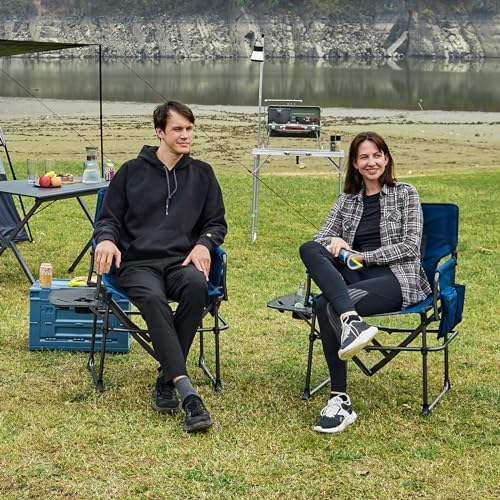 EVER ADVANCED Camping Directors' Chair with Side Table, Portable Folding Chair with Compact Size, Heavy Duty Lawn Chair with Pocket for Camping, Lawn, Sports and Fishing, 400lbs, Blue 2 Pack