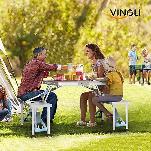 VINGLI 4 Ft Camping Picnic Table Set with 4 Seats with Umbrella Hole Folding Lightweight Suitcase Card Table-220 Lbs Support Aluminum Frame, Plastic RV Tabletop for Barbecue,Travel,Outing,Gathering