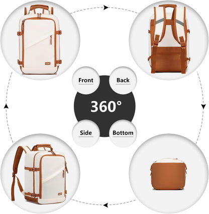 Kono Carry on Backpack, 16" Airplane Approved Under Seat Travel Backpack for Men and Women, Waterproof Lightweight Daypack for Flight 20L, White/Brown
