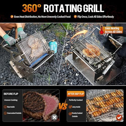 Portable Gas Grill,360° Rotating Charcoal Grill,Stainless Steel Flipping Camping Barbecue Grill with Carry Bag,Detachable BBQ Grill & Fire Pit for Outdoor Cooking,Camping,Tailgating, Patio & Backyard