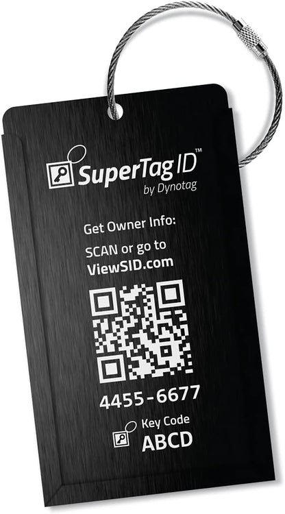 Dynotag® Web Enabled Smart Aluminum Convertible Luggage ID Tag + Braided Steel Loop, with DynoIQ™ & Lifetime Recovery Service (Midnight Black)