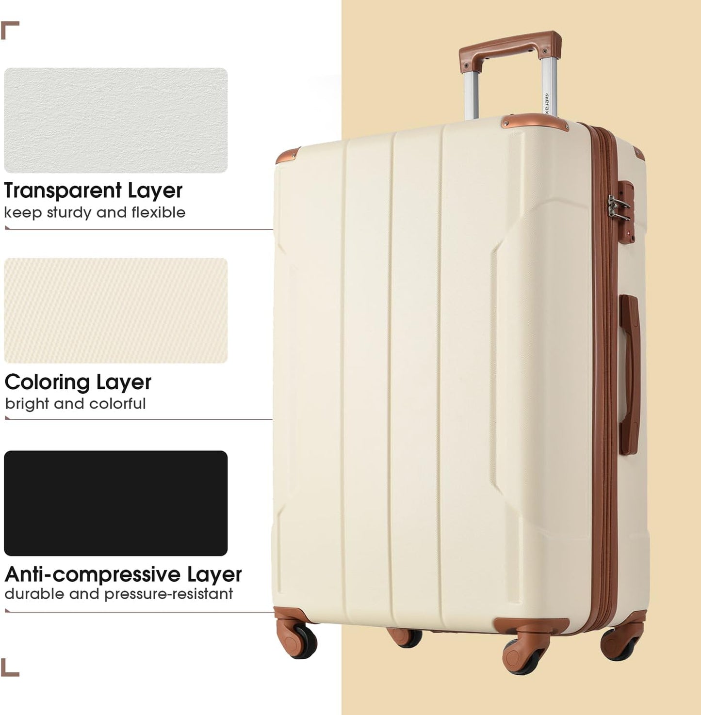 Merax Suitcases With Wheels Hardside Luggage Sets 3 Piece, Expandable And Lightweight, Travel Suitcases For Woman And Man (White Brown)