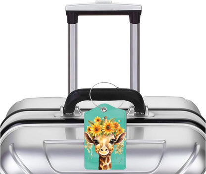 2 Pack Luggage Tag for Suitcase, Cute Unique Leather Bag Tags Identifiers Privacy Cover ID Label with Durable Steel Loop for Women Men Kids Girls Travel，GiraffeJ