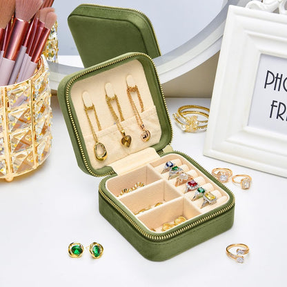 Travel Jewelry Case, Small Plush Velvet Jewelry Box for Women and Girls, Portable Jewelry holder organizer for Rings Earrings Necklaces Bracelets(Avocado Green)