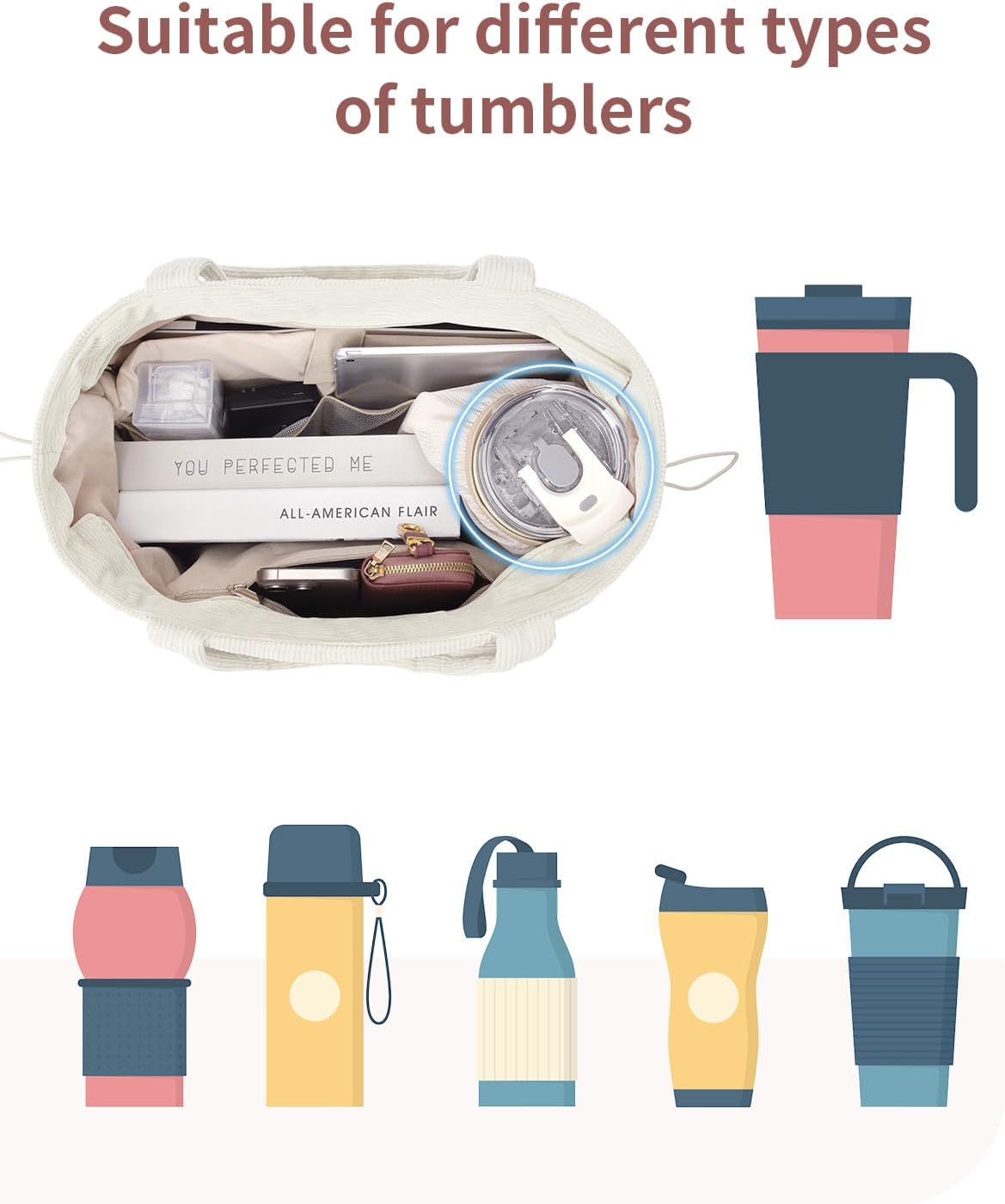 ECOHUB Tote Bag for Women, Work Tote Bags with Laptop Compartment, Large Corduroy Tote Bag with Stanley Cup Holder