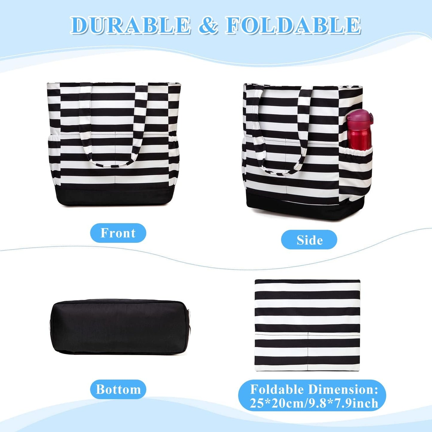 VASCHY Beach Bag for Women, Large Waterproof Sandproof Fold-able Packable Pool Tote Bag w Zipper/Pockets