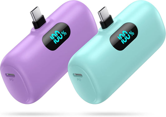 [2-Pack] Mini Portable Charger 5000mAh Power Bank,3A PD USB C Cell Phone Portable Power, LCD Display Battery Pack Compatible with iPhone 16/15/15 plus/15 pro/15 pro Max/Android/Samsung/Moto/LG etc