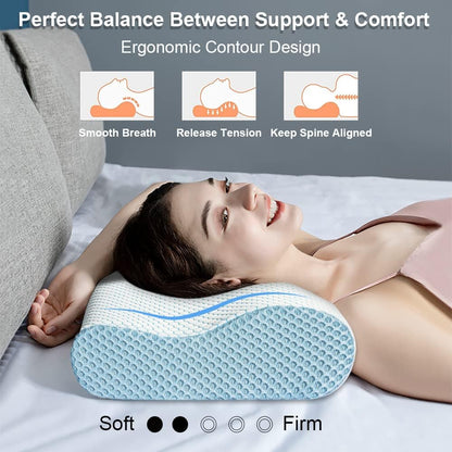 Anvo Memory Foam Pillow, Neck Contour Cervical Orthopedic Bed Pillow for Sleeping Side Back Stomach Sleeper, Ergonomic Design for Neck and Shoulder Pain Relief, Blue White, Soft