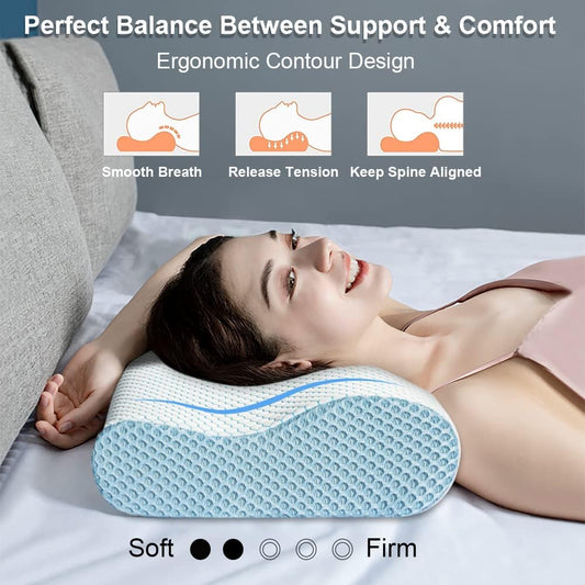 Anvo Memory Foam Pillow, Neck Contour Cervical Orthopedic Bed Pillow for Sleeping Side Back Stomach Sleeper, Ergonomic Design for Neck and Shoulder Pain Relief, Blue White, Soft