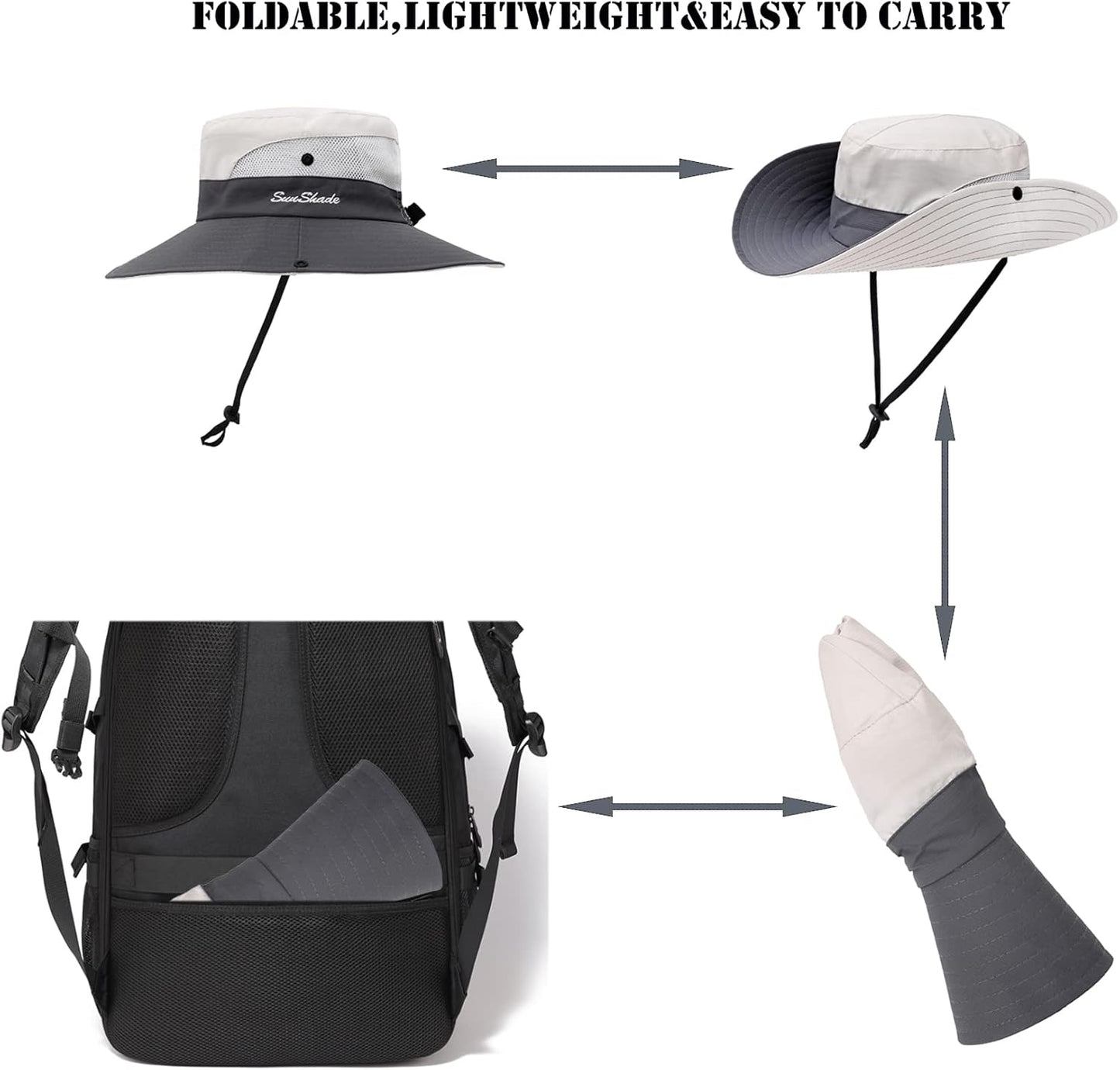 Womens Summer Sun Hat Beach Hat Wide Brim Outdoor UV Protection Hat Foldable Cool Mesh Ponytail Bucket Hat