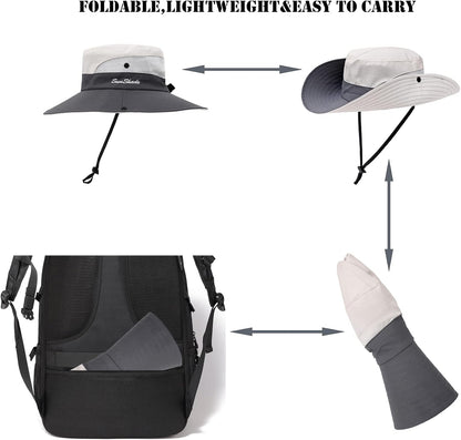 Womens Summer Sun Hat Beach Hat Wide Brim Outdoor UV Protection Hat Foldable Cool Mesh Ponytail Bucket Hat