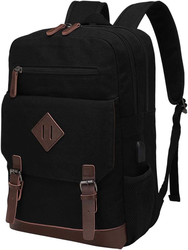 Canvas Backpack for Men Women, Vintage Rucksack Fits Most 15.6 Inch Laptop, Bookbag with USB Charging Port, Black