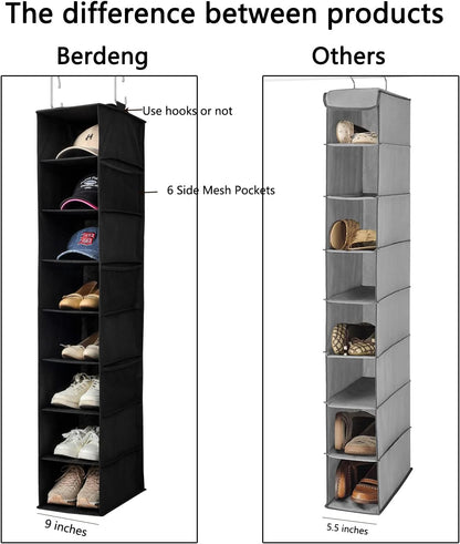 Hanging Shoe Organizer for Closet with Side Mesh Pockets，Hat Racks for Baseball Caps，Shoe and Hat Holder & Storage，8-Shelf，Black，1 Pack