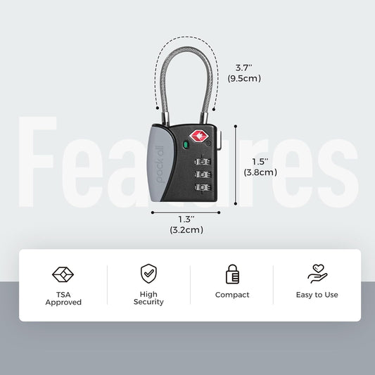 pack all TSA Approved Cable Luggage Locks, 3 Digit Combination Padlocks, Travel Lock for Suitcases & Bag, Alloy Body, Travel Accessories (4 Pack)（Grey）