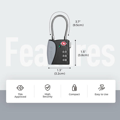 pack all TSA Approved Cable Luggage Locks, 3 Digit Combination Padlocks, Travel Lock for Suitcases & Bag, Alloy Body, Travel Accessories (1 Pack)（Grey）