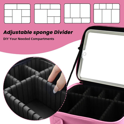 Travel Makeup Bag with LED Mirror and Light Travel Makeup Case Cosmetic Organizer Portable Cosmetic Brush Organizer Bag with Adjustable Dividers for Cosmetics Makeup Brushes Toiletry (Dark Pink)