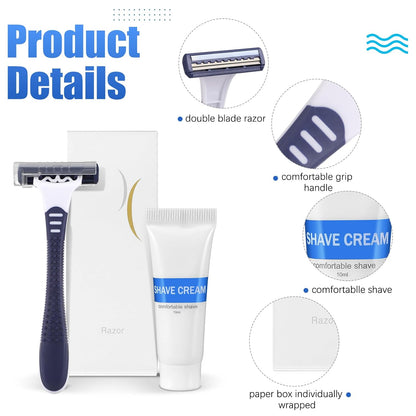 Hushee Shave Kit Bulk Travel Shaving Cream Disposable Twin Blade Razors and Cream Individually Wrapped Smooth Razor with Clear Cap Toiletries for Hotel Shelter Camping Travel Homeless (150)