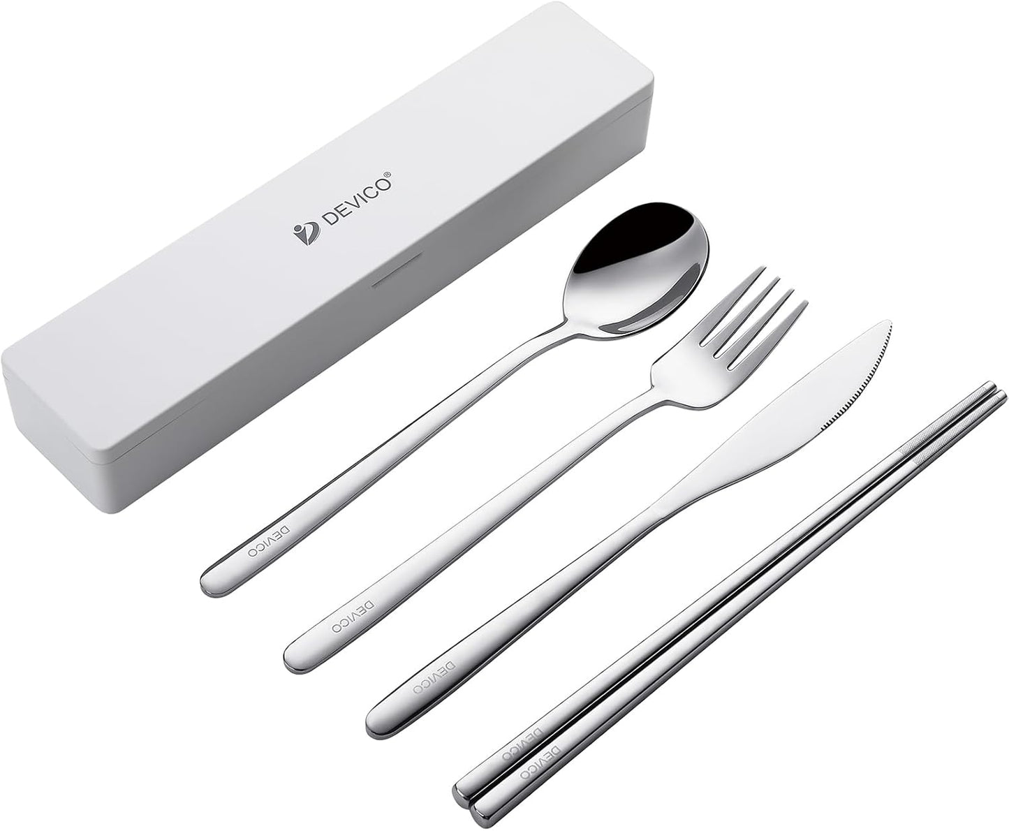 DEVICO Travel Utensils With Case, Camping Silverware, Portable Cutlery Flatware Set for Lunch, Reusable 18/8 Stainless Steel Knife Spoon Fork Chopsticks