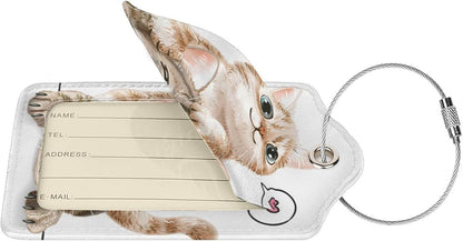 Set of 2 Cute Cats Luggage Tags for Suitcases Bag Tag with Full Back Privacy Suitcase Labels Identifiers, Funny Animals Pattern PU Leather Backpack Name Tags for Women Girls Teen Kids Boys Travel