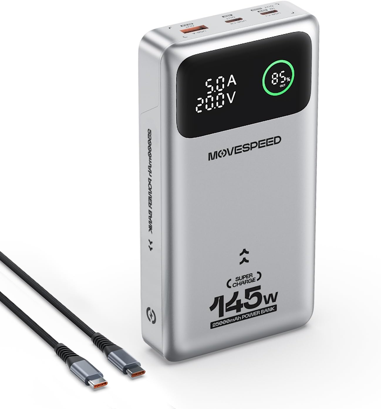 MOVE SPEED 145W Laptop Power Bank, PD 3.1 25,000mAh Fast Charging Portable Charger with 240W Type C Cable, USB C 3-Port with Digital Display Travel Outdoor Charger for iPhone, Dell, MacBook, Galaxy