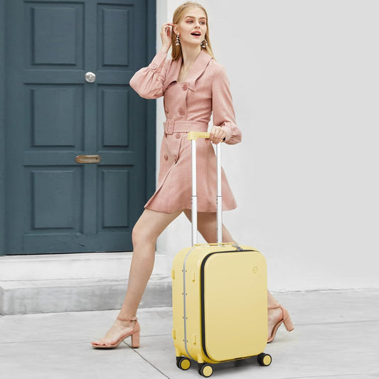 mixi Carry On Luggage, 20'' Suitcase with Front Laptop Pocket, Travel Rolling Luggage Aluminum Frame PC Hardside with Spinner Wheels & TSA Lock and Cover - Lark Yellow