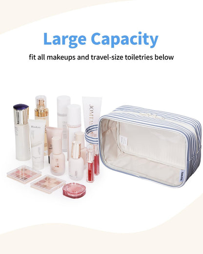 Narwey Clear Toiletry Bags for Traveling Women Men, Clear Travel Bags for Toiletries Makeup Bag Cosmetic Bag with Zipper, Make Up Organizer, Skincare Bag (Greyish Blue Stripe)