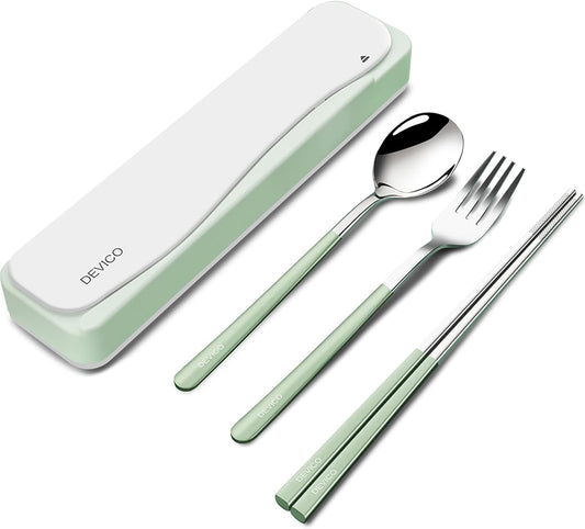 DEVICO Travel Utensils With Case, 18/8 Stainless Steel Camping Utensils, Reusable Portable Silverware Cutlery Set For Lunch Box, Include Fork Spoon Chopsticks
