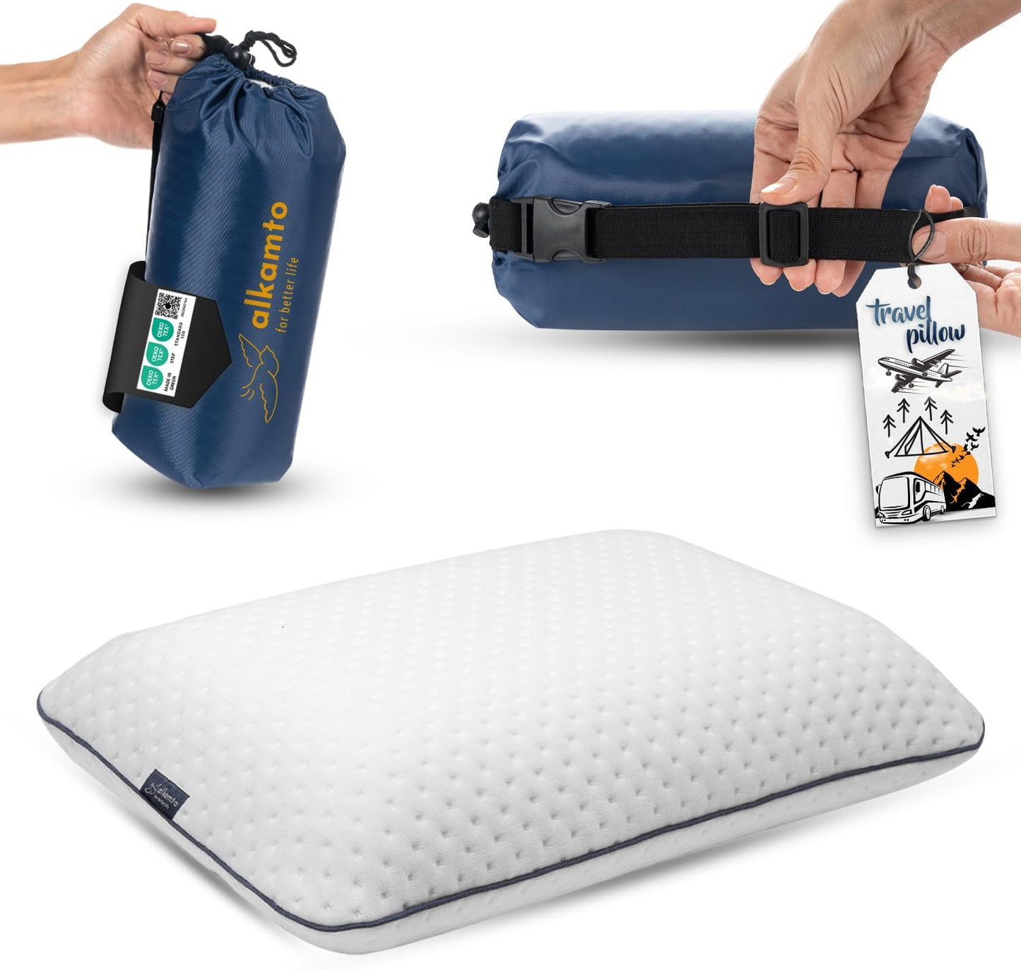 Travel & Camping Comfortable Memory Foam Pillow – Easy to Carry Portable Bag – Temperature Regulating Pillow Case (White)