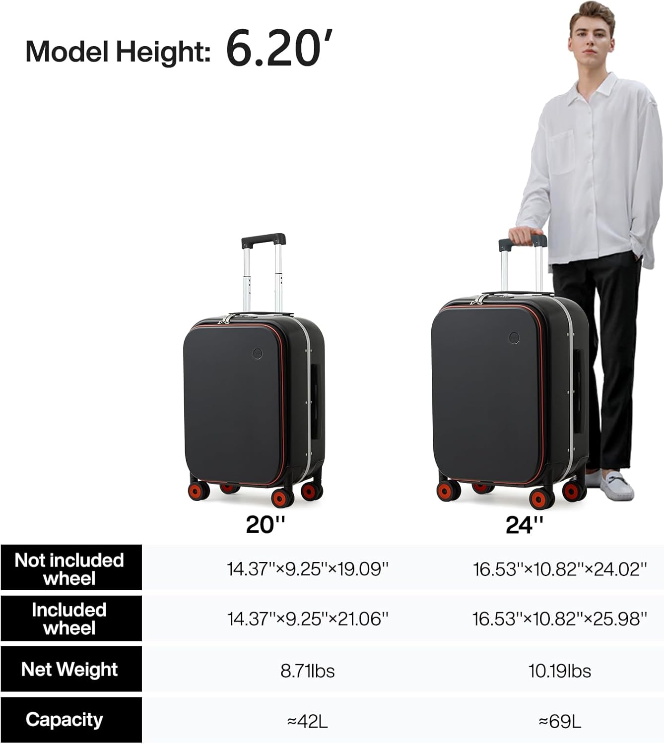 mixi Carry On Luggage, 20'' Suitcase with Front Laptop Pocket, Travel Rolling Luggage Aluminum Frame PC Hardside with Spinner Wheels & TSA Lock and Cover - Black Hollow Wheel