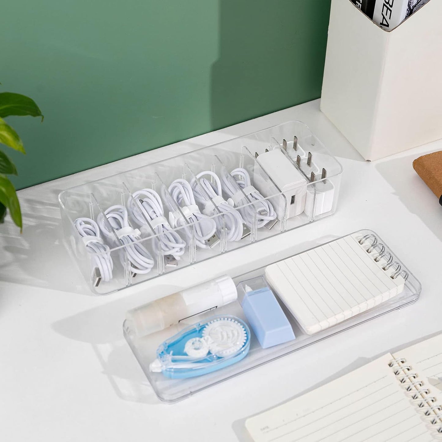 Yesesion Clear Plastic Cable Organizer Box with Adjustment Compartments, Desk Accessories Storage Case with Lid and 10 Wire Ties for Drawer, Office, Art Supply, Electronic Management