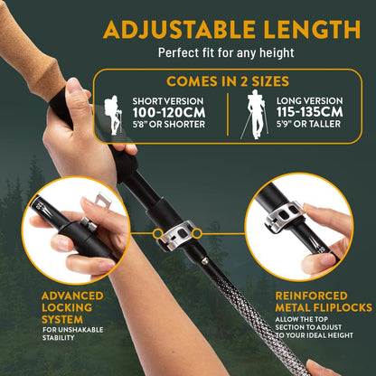 Premium Foldable Hiking Poles by USA Brand - Adjustable, Lightweight Trekking Poles Made of Aircraft Aluminum, Metal Flip Locks & Comfortable Real Cork and EVA Foam Grips