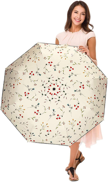Cuby UV Sun Umbrella Compact Folding Travel Umbrella Auto Open and Close for Windproof, Rainproof & 99.9% UV Protection Parasol with Black Anti-UV Coating (Flowers)