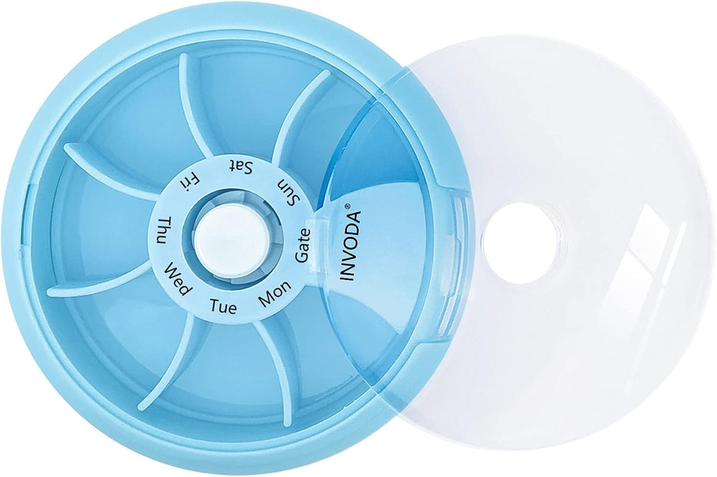 INVODA Weekly Pill Organizer 7 Compartment Rotating Pill Box for Daily Medication & Vitamins - Portable Travel Pill Case Fish Oil Supplements Vitamins Organizer (Sky Blue)