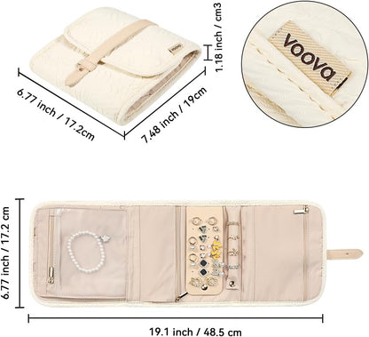 Voova Travel Jewelry Holder Organizer Case, Small Jewelry Storage Bag for Women Girls, Foldable Traveling Jewellery Pouch Roll for Necklaces Rings Earrings Bracelets, Mini, Apricot