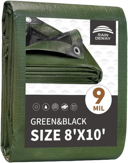 8x10 Feet Tarp Waterproof,9Mil Thick,Finished Size Tarps,UV Resistant,Durable,Multipurpose Poly Tarp Cover with Metal Grommets and Reinforced Edges,Green/Black by RAINDEWAY