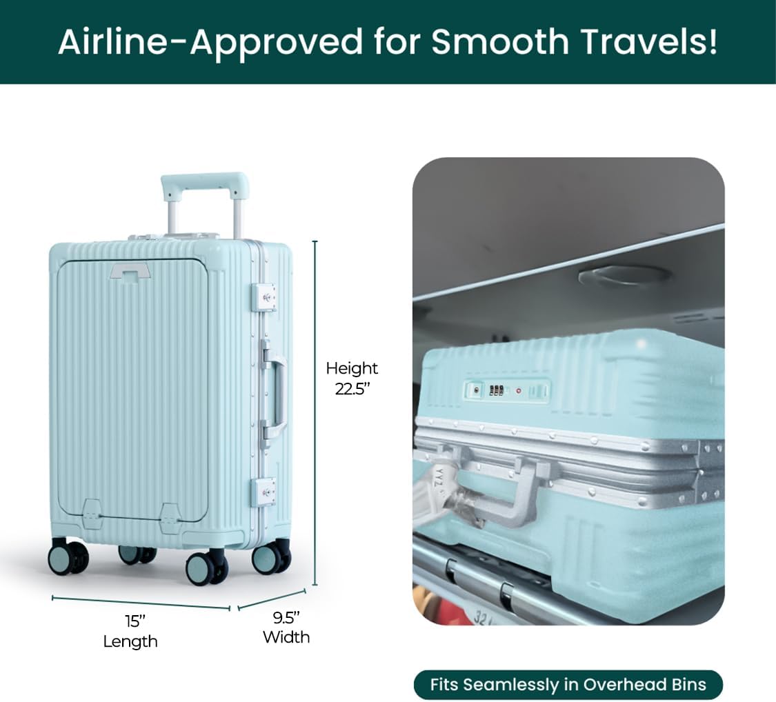 Nobl Travel Carry On Luggage, Noble Zipperless Aluminum Frame PC Hard Shell Suitcase, 22.5x15x9.5 Airline Approved, 360° Spinner Wheels, TSA Locks, USB Charging Port, Cup & Phone Holder - Baby Blue