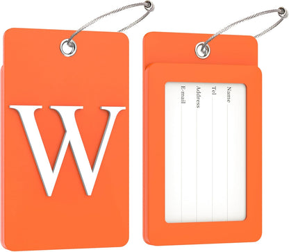 Gostwo 2 Pack Luggage Tags for Suitcases, 26 Initial Letter Travel Luggage Baggage Identification Labels ID Tag Fully Bendable Tags with Stainless Steel Loop (Orange) (Letter W)